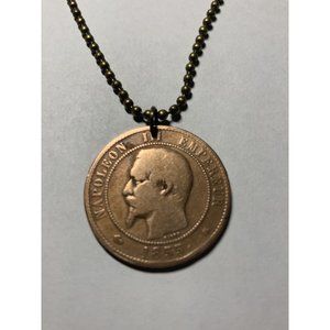 1855 France 10 Centime ANTIQUE COIN PENDANT French eagle Paris Lyon Napoleon III